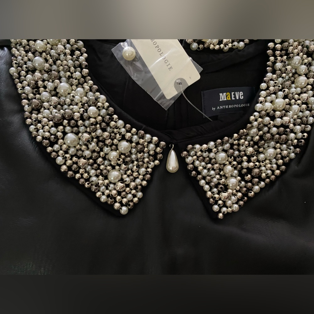 Anthropologie Maeve Faux Leather Puff-Sleeve Blouse XL new Embellished collar - Picture 7 of 8
